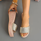 2026 Gold Woven Band Wedge Heeled Sandals Women Plus Size 43 Summer Platform Slippers Woman Light Thick Sole Rome Sandalias