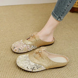 Women Mesh Sequins Slippers Outdoor Retro Slides for Girls Flat Heeled Summer Mules Female Bling Shoes with Bow Sweet Sandals