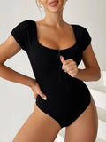 2026 Short Sleeve Swimsuit Women One Piece Solid Swimwear Female Zipper Bathers Bathing Swimming Suit Summer Beachwear Bodysuit