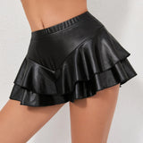 Women’s Summer Solid Color Faux Leather Ruffle Skorts Elastic High Waist Loose Shorts Casual Skirts