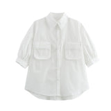 Women's Fashion Casual White Short Sleeve Shirt White Cotton Button Shirt Lapel Collar Half Sleeve Loose Fit Casual Blouse 8GDK