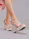 2027 New Arrival Weave Narrow Band Back Buckle Strap Women Platform Sandals Strange High Heels  Party Dress Shoes Size 42