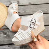 Hollow Out Chunky Wedges Sandals Women Fashion Buckle Peep Toe Super High Heels Sandals Woman Plus Size 43 Platform Slippers