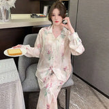 Spring and summer new Chinese style pajamas, ice silk long sleeves, large size home clothes set, retro buckle home clothes