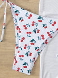 With Mesh Sarong Skirt Cherry Printed Bikini Female Swimsuit Women Swimwear Three Pieces Bikini Set Bathing Suit Swim Beachwear