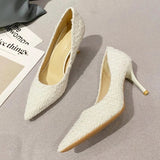 Fashion Tweed Cloth Stiletto Heel Pumps Women Elegant Pointed Toe High Heel Shoes Woman Brand Thin Heeled Party Dress Shoes