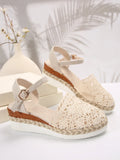 Hollow Fabric Roman Shoes Summer Travel Round Head Wedge Toe Fashion Sandals Comfortable Thick-sole Women's Shoes 2026