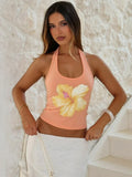 FDYOUI 2026 Summer Flower Print Pink Tank Tops for Women Casual Sexy Backless Crop Top Girls Sleeveless T-shirt Y2K Streetwear