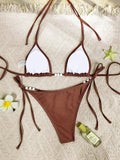 Sexy Coffee Bikini Set Women Pearls Strap Push Up Bandage Thong Swimsuit 2025 Brazilian Summer Bathing Suit Micro Swimwear