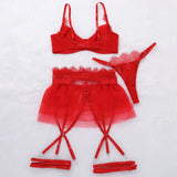 Toucheart 4 Piece Set Sexy Lingerie Set Lace Perspective Bra Women Mesh Patchwork Ruffled Skirt Garter Socks Sexy Underwear Suit