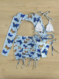 Long Sleeve Printed Halter Bikini Female Swimsuit Women Swimwear Four-pieces Bikini Set with Mesh Skirt Bathing Suit Beach Wear