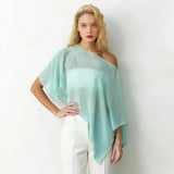 Women Loose Boat Neck Irregular Coverup Tops Casual See Through Shrug Solid Color Sheer Mesh Poncho