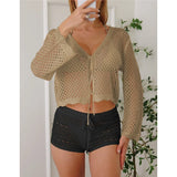 V Neck Long Sleeve Hollow Out Crochet Knitted Tunic Beach Dress Beach Wear Beachwear Beach Cover Up Cover-upsFemale Women V7192