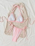 sexy 3d sequine flower pink bikinis sets two pieces swimsuits halter tie thong Swimwear Biquini conjunto de bikini tankini