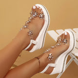 Elegant Rhinestones Flowers Sandals Women Fashion Crystal Chunky Platform Sandles Woman Slip On Wedge High Heels Sandalias Mujer