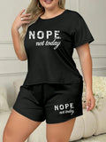 Plus Size 3XL 4XL 5XL Casual Loungewear Letters Print Pajamas Set Women's Short Sleeve Tee And Elastic Shorts Homewear