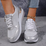 Fashion Thick Bottom Silver Sneakers Women 2025 Spring Wedge Heel Vulcanized Shoes Woman Comfortable Lace Up Sport Sneaker Mujer
