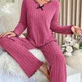 Women Autumn Winter Sleepwear Ribbed Pajamas Set Long Sleeve Top and Long Pants 2 Piece Set Casual Homewear Loungewear