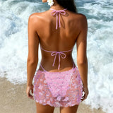 S - XL Three-pieces Bikini set With Skirt Flowers Sequins Bikini Female Swimsuit Women Swimwear Bather Bathing Suit Swim V7864