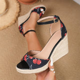 EUR Size 45 Leisure Espadrille Wedge Sandals Women Cherry Summer High Heels Shoes Beach Vacation Platform Ankle Strap Sandals