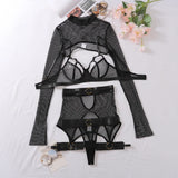 Toucheart Sexy Lingerie Set For Women Hollow Mesh See-through Sexy Temptation Free Underwear Long Sleeves Garters Lingerie Set