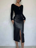 Sexy One Step Split PU Leather Half Skirt For Women's New High Waisted Slim Streetwear Black PU Fashion Womne Mini Dress  YTM8