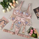 Toucheart 4-Piece Set Sexy Lingerie Set Embroidery Patchwork Mesh See-Through Exotic Underwear Women Garter Belt Underwear Suit