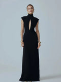 Ahagaga Fashion Sexy Women's Maxi Dresses Turtleneck Short Sleeves Hollow Out Lace Patchwork Sheath Split Party Solid Vestidos