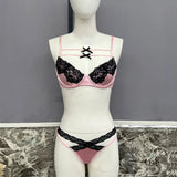 Toucheart Sexy Lace Patchwork Pink Lace Bra Thong Underwear Set For Women Bow Knot Black Lace Up Hollow Out Sexy Lingerie Set