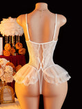 New Crotchless Sexy Lingerie Women Lace Bodysuit Erotic Costumes Teddy Baby Dolls Dress Deep V Open Crotch Porn Underwear Set