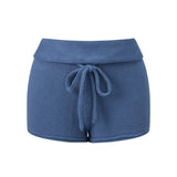 Women Fashion Lounge Shorts Spring Summer Knit Shorts Solid Color Drawstring Foldable Waist Comfy Casual Shorts