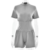 FDYOUI New 2026 Summer Zip-up Corset Playsuits Women Casual Short Sleeve Sports Fitness Overalls One Piece Tunics Yoga Bodysuit