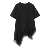 New Women's Lace Patchwork T-Shirt Top Women Lace Trim Hem T Shirt Crew Neck Short Sleeved Loose Fit Casual Solid Color Top MQ08
