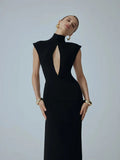 Ahagaga Fashion Sexy Women's Maxi Dresses Turtleneck Short Sleeves Hollow Out Lace Patchwork Sheath Split Party Solid Vestidos