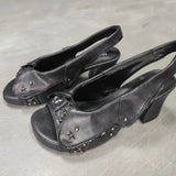 Brand New Women's Y2K Star Rivet Platform Sandals 2000's Peep Toe Slingback Chunky Heel Distressed Denim High Heeled Shoes