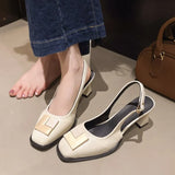 2026 Summer New Metal Square Buckle Baotou Thick Heel Sandals Women Korean Shallow Mouth Slip-On Back Strap Sandalias De Mujer