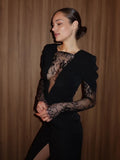 Ahagaga Eelgant Lace Women's Dress Patchwork Long Sleeves Autumn Party Slim Fit Sheath Velvet Sexy Split Trend Female Vestidos