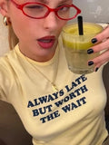 Woman Clothing Letter Print Short T-shirts Y2K Streetwear 2026 Summer O-neck Slim Fit Crop Tops Vacation Beach Tees Light Yellow