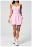 Women Tennis Dress with Shorts Pocket Square Neck Hollow Back Sleeveless One Piece Sports Outfit Fitness Pleate Mini Dresses
