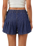 Womens Loose Fit Denim Shorts Drawstring Elastic Mid Rise Pleated Wide Leg Short Pants Casual Stylish Summer Skorts