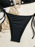 Shell Decoration Ribbed Halter Strappy Bikini Women Swimwear Female Swimsuit Two-pieces Bikini Set Bather Bathing Suit Swim Lady