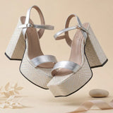 Silver Women Sandals Square Toe 12.5cm High Heel 4.5cm Platform Buckle Strap Large Size 43 44 45 46 Sexy Dating Shoes