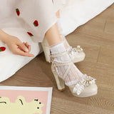 9cm Cross Strap Women High Heels Mary Jane Shoes Party Wedding Pearls White Lace Ruffles Bow Princess Lolita Pumps Sandals 33-46