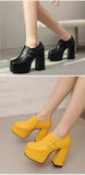 Plus Size Double Row Small Buckle Side Zipper Square Toe Double Layer Platform High Thick Heel Women's Pumps Shallow High Heels