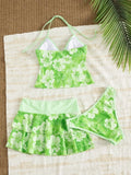 Vintage Green Floral Print Bikini Set 2026 Women Drawstring Pleate Skirt 3 Piece Swimsuit Beach Holiday Bathing Suit Swimwear