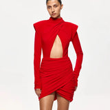 Ahagaga Eelgant Fashion Dresses For Women Solid Zipper Sheath Pleated Hollow Out Regular Long Sleeves Turtleneck Shoulder Pad