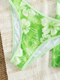 Vintage Green Floral Print Bikini Set 2026 Women Drawstring Pleate Skirt 3 Piece Swimsuit Beach Holiday Bathing Suit Swimwear