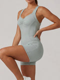 Cross Exposed Back Shaping Nude Yoga Jumpsuit Women Summer Sleeveless Pleate Slim Hip Lifting Short Sport Fitness One Piece Suit