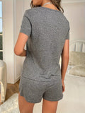 Women Summer Casual 2 Pieces Pajama Sets Gray Letter Print Short Sleeve Top and Shorts Set Loungewear Sleepwear