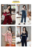 Women's Autumn Winter Golden Velvet Pajamas Set - Sexy Lace Suspender 3-Piece Loungewear with Breast Pads